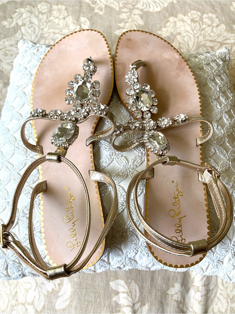 Lilly Pulitzer Katie Embellished Sandals Rhinestone Gold Metallic Sz 9 - Picture 4 of 16